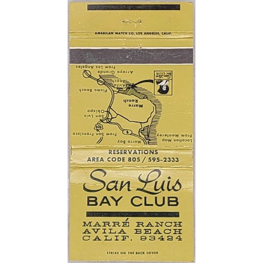 Vtg Matchbook Cover San Luis Bay Club Avila Beach CA Golf Tennis Resort w/ Map